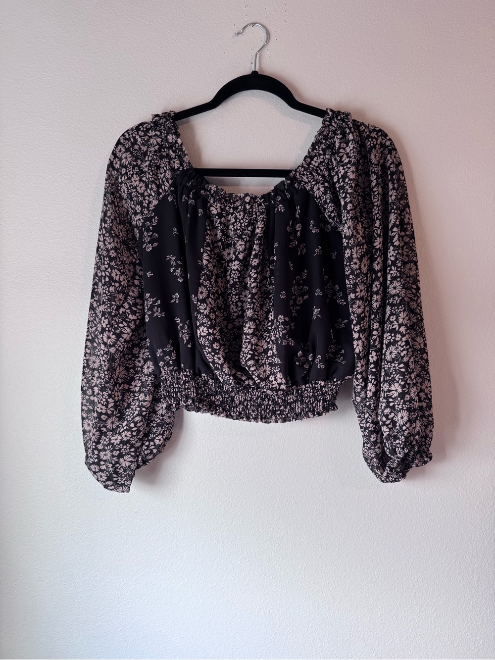 By Together Black Blouse with Cream Floral Smocked Hem